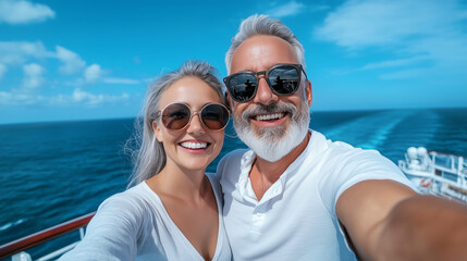 Obraz premium A smiling gray-haired couple taking a selfie while standing on the deck of a cruise ship, with the endless ocean stretching out behind them under a bright blue sky.
