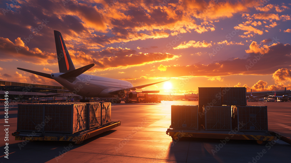 Poster a vibrant scene of crates and cargo containers being loaded into a plane with a backdrop of a sprawl