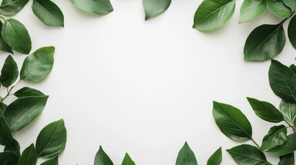 Fototapeta premium Minimalist green leaf border on a white background