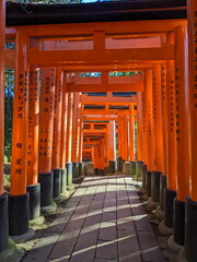 Fushimi, Japan - 2023.12.17: Rows of Torii Gates with inscriptions of donation details alongside a...
