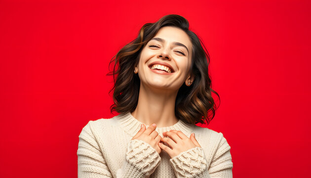 Pretty overjoyed lady with closed eyes touching soft knitted jumper isolated on red background isolated with white highlights, png