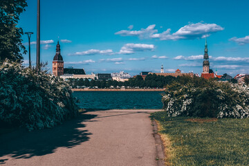 view of the Riga old town across the Daugava river