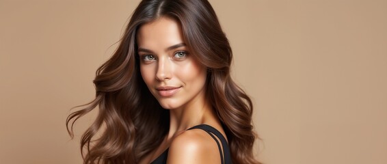 Close-up of a woman with long, flowing brown hair and a gentle smile, exuding natural beauty and confidence against a neutral background.

