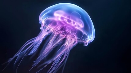 Illuminated Alien-Like Jellyfish Pulsating in Deep Sea Darkness