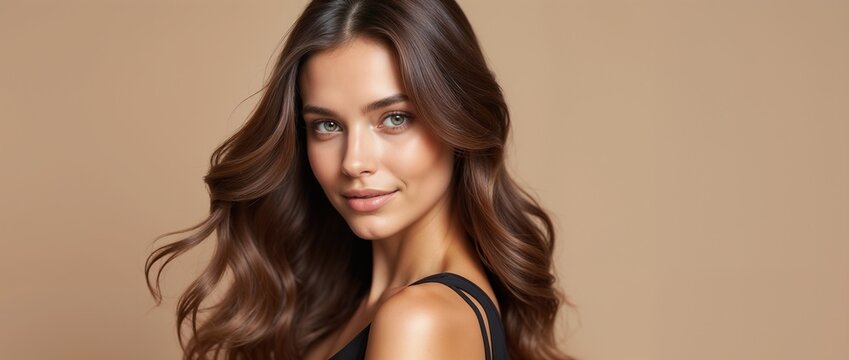 Close-up of a woman with long, flowing brown hair and a gentle smile, exuding natural beauty and confidence against a neutral background.

