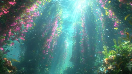 Obraz premium Serene Underwater Kelp Forest Teeming with Sea Otters and Colorful Fish in Deep Sea - Ultra-Detailed Marine Life Photography