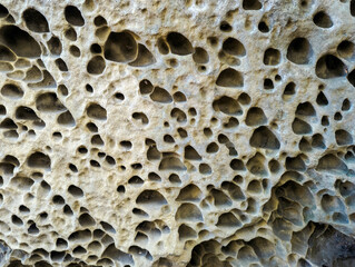A unique geological formation resembling a honeycomb, with countless small cavities etched into the...