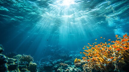 Fototapeta premium Abyssal Symphony - Magnificent Underwater Mountains and Marine Life in a Colorful Deep Sea Landscape