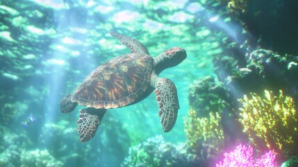 Obraz premium Majestic Sea Turtle Gliding Through Vibrant Coral Gardens in Crystal-Clear Waters - Ultra-Detailed Underwater Exploration