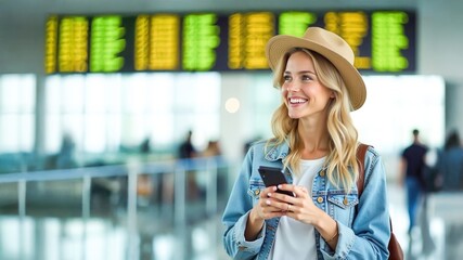 Smiling woman with hat using phone at airport, flight information board in background - concept of travel, adventure, and modern lifestyle