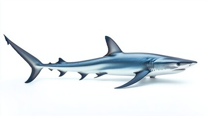 Naklejka premium thresher shark Alopias showcased against pristine white background highlighting its unique features like elongated tail and sleek form showcasing its gracefulness and elegance.