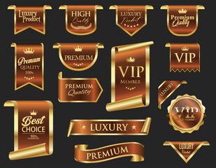 VIP and premium emblem bronze and gold isolated on gray background