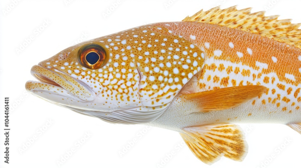 Poster tilefish showcases its vibrant colors and unique skin patterns against a stark white background high