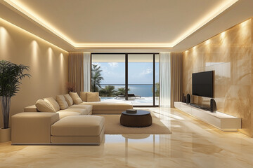 Modern living room with ocean view and elegant d&eacute;cor, showcasing a spacious design and natural light in a coastal setting