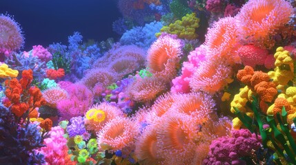 Obraz premium Enchanting Underwater Garden: Vibrant Anemones, Sea Urchins, and Colorful Fish in Deep Sea, Ultra-Detailed Marine Life Exploration