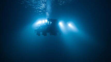 Obraz premium Unveiling Mysteries Below: Deep-Sea Exploration Submersible Illuminating Hidden Wonders in Dark Waters