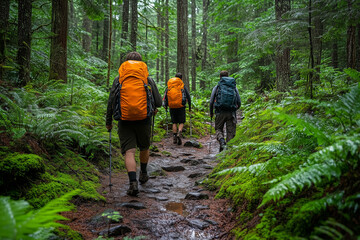 Obraz premium Hikers navigating a lush forest trail with vibrant green ferns under a cloudy sky in the Pacific Northwest during summer