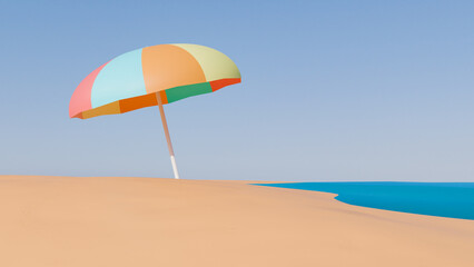 Colorful parasol on a paradisiacal beach. The image conveys relaxation and the beauty of tropical summer.