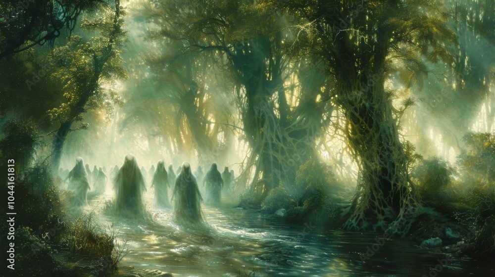 Poster a steady stream of translucent beings their faces peaceful and serene as they navigate the winding p