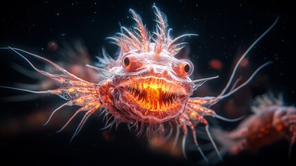 Obraz premium Enchanting Deep-Sea Anglerfish in Bioluminescent Glow Surrounded by Mysterious Sea Creatures - Ultra-Detailed Underwater Photography