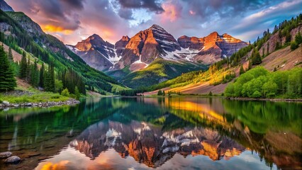 Obraz premium Scenic view of Maroon Lake and Maroon Bells in Aspen, Colorado during spring evening