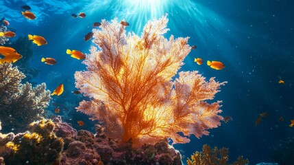 Obraz premium Deep Sea Beauty: Stunning Giant Sea Fan with Colorful Fish and Coral in Clear Blue Water, Underwater World Exploration