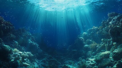 Fototapeta premium Serene Underwater World: Vibrant Reef Teeming with Marine Life and Colorful Corals, Play of Light and Shadows, Ultra-Detailed Exploration