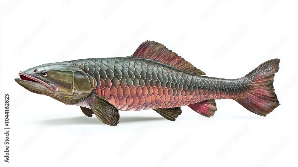 Poster arapaima gigas displays its striking features and large size gliding through the water with its dist