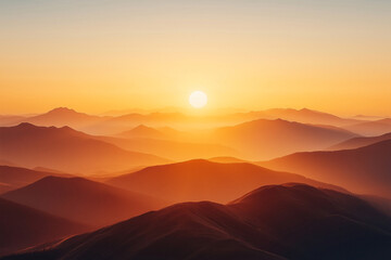 Obraz premium Stunning sunrise illuminating layered mountains with soft hues in a tranquil morning sky