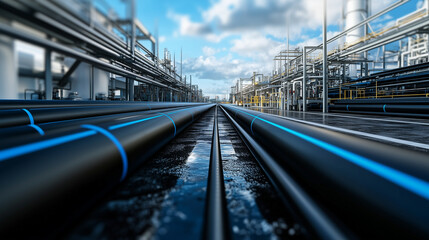 Fototapeta premium A PE pipe plant filled with coils of high-density polyethylene (HDPE) pipes marked with blue lines, ready for gas and water transport projects, showcasing modern industrial manufac