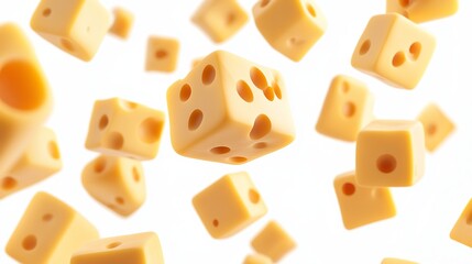 Floating cheese cubes with holes on a white backdrop. The image includes pathways that can be edited.