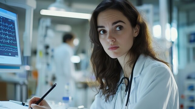Female doctor writing notes on a digital display, representing modern healthcare and medical technology.