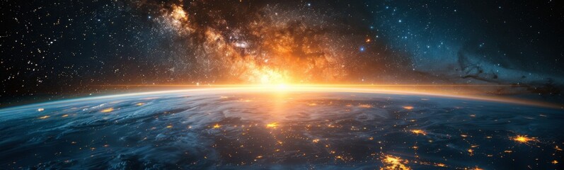 Naklejka premium An image of a view of the earth from space with stars, banner, copy space