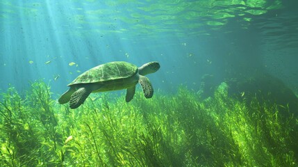 Vivid Underwater World: Colorful Seagrass Meadow Teeming with Turtles and Fish