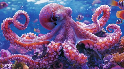 Obraz premium Playful Octopus and Curious Fish in Vibrant Underwater Reef - Ultra-Detailed Deep Sea Illustration