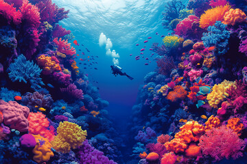 Fototapeta premium A diver exploring a vibrant coral reef filled with colorful marine life in a tropical ocean at midday