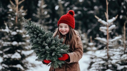 In a serene winter forest, a woman walks through the snow while carrying an evergreen tree, embracing the beauty of the season