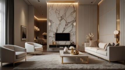 A modern living room interior with white and gold furniture, a marble accent wall, and a large television.