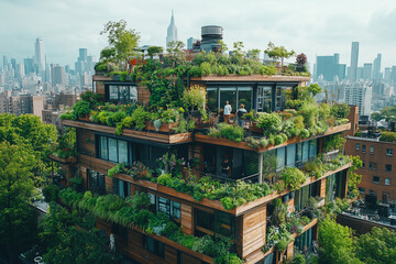 Obraz premium Urban rooftop garden in New York City featuring lush greenery overlooking the skyline on a sunny afternoon