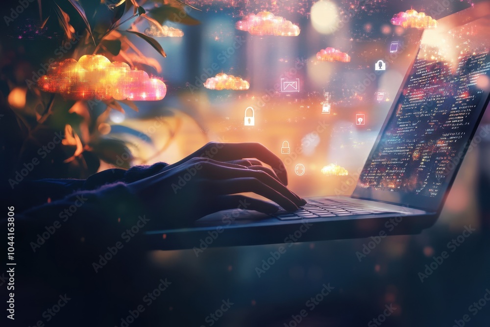 Poster a person using cloud computing technology on their laptop, with icons of clouds and digital data flo