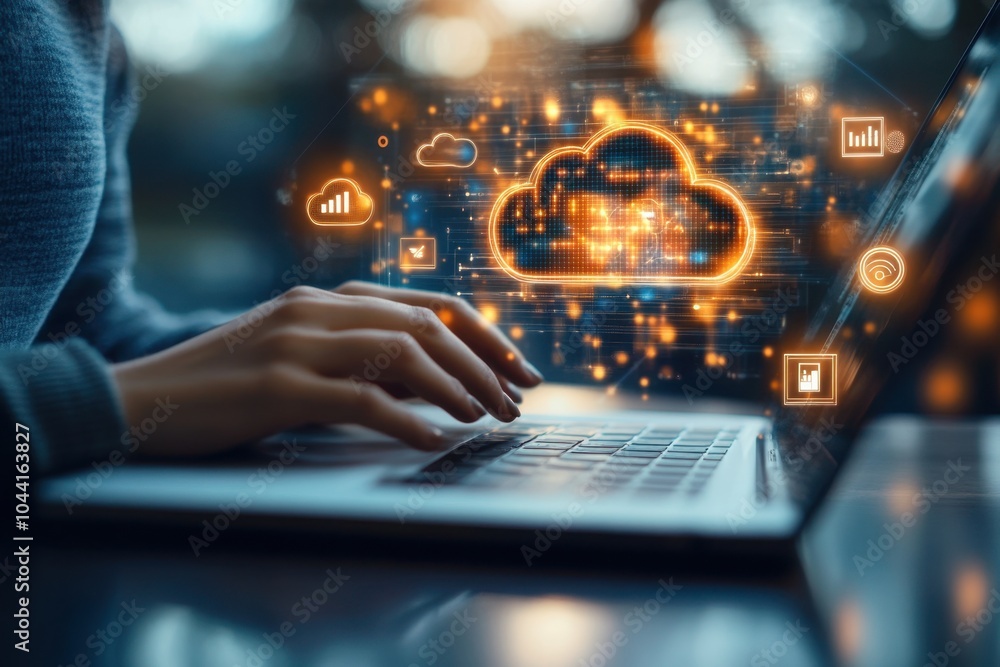 Poster a person using cloud technology on their laptop, with icons of the internet and clouds around them r