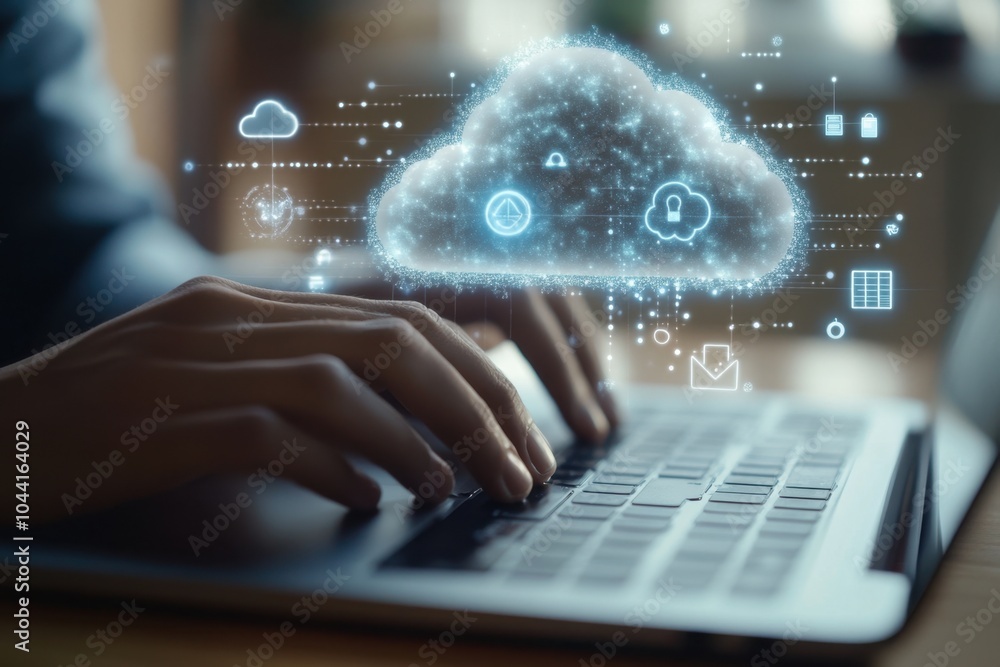 Poster person using cloud technology on their laptop, icons of clouds and security in the background repres