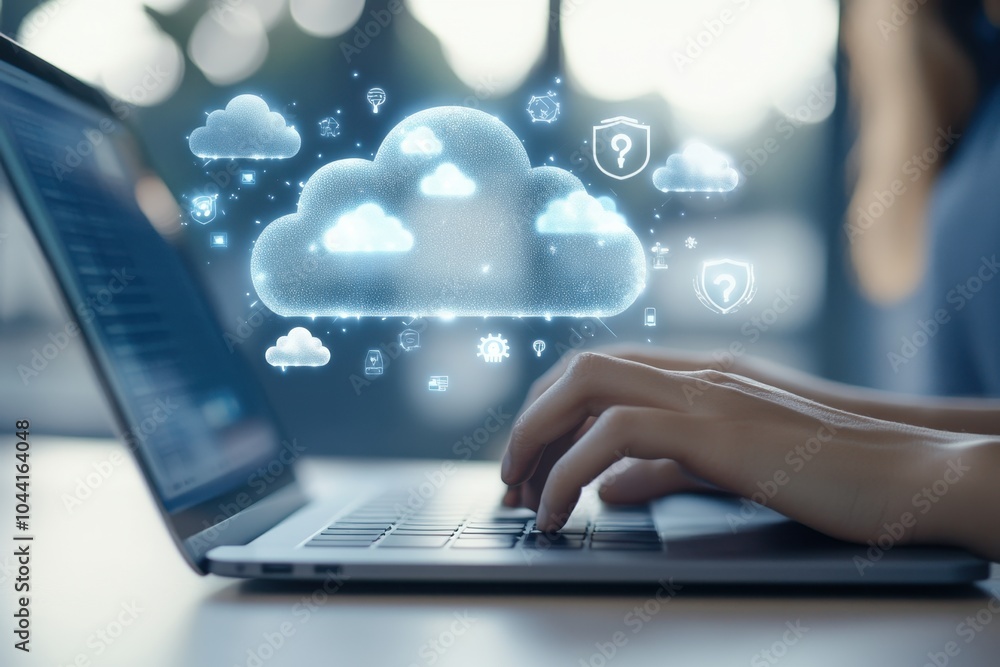 Poster person using cloud technology on their laptop, icons of clouds and security in the background repres