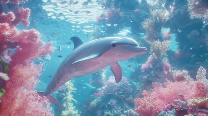 Enchanting Encounter: Playful Dolphin Pod and Diver Among Vibrant Underwater Wonderland, Ultra-Detailed Ocean Scene