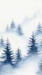 Obraz premium Misty Pine Forest with Evergreen Trees Emerging Through Dense Fog
