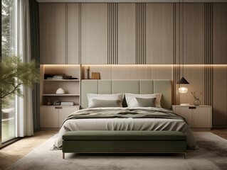 Living room interior in modern minimalist style with wooden panneling and bronze metallic accent decor. Neutral and light colors interior with wood wall panels. Wood wall panneling.