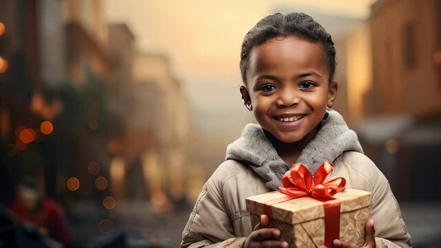 African kid with big giftbox is looking to the camera dusty street on background. Christmas support. Give and share kindness.