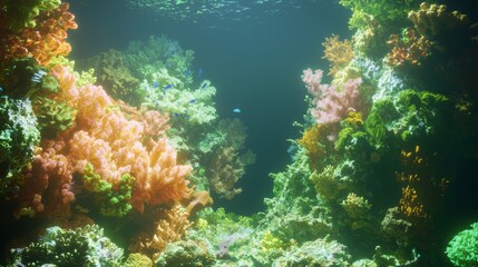 Naklejka premium Majestic Underwater World: Vibrant Coral Reef Ecosystem Teeming with Diverse Marine Life