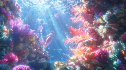 Enchanting Mermaid Underwater Adventure in Colorful Coral Garden | Deep Sea Fantasy Illustration with Playful Sea Creatures
