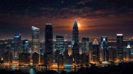 Obraz premium A panoramic night cityscape with illuminated skyscrapers and a full moon rising above the horizon, under a starry sky.